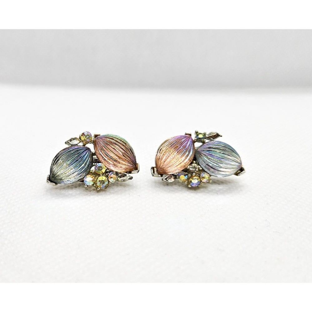Vintage Lisner Clip On Earrings Pink Blue Iridescent Glass AB Rhinestone Climber